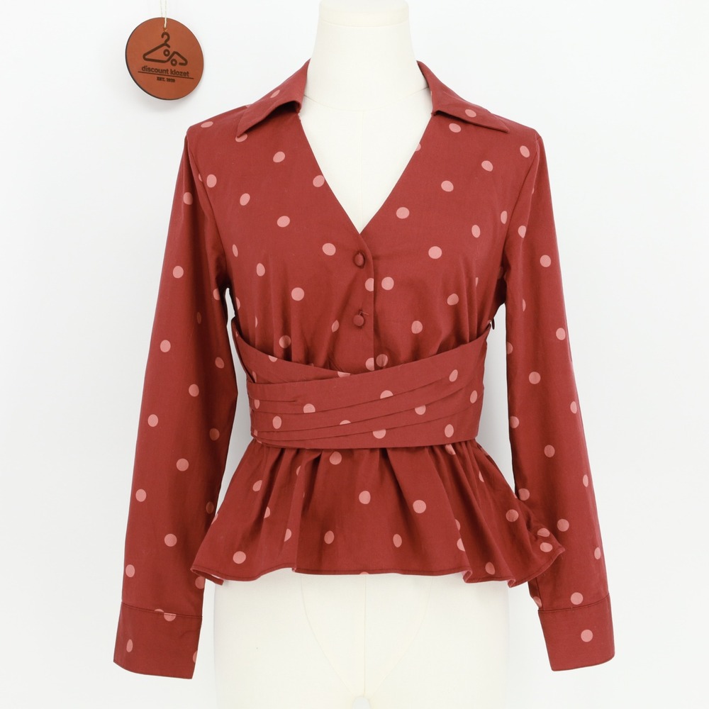Hutch Long Sleeve Wrap Front Peplum Blouse Polka Dot Smocked Back Small Petite